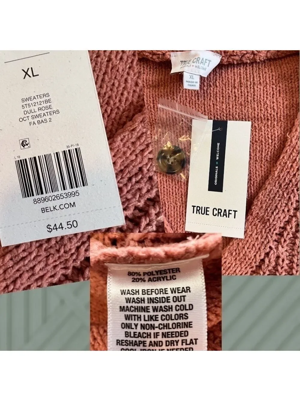 TRUE CRAFT Long Sleeve V-Neck 3-Button Front Cropped Cardigan-Rose/XL NWT